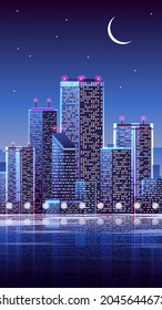 View of night metropolis. Colorful vertical cityscape with skyscrapers.