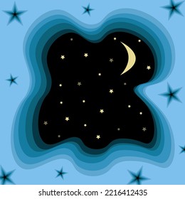 Vista del cielo nocturno desde la cueva. Ilustración vectorial creativa 3d con estrellas, luna y cielo nocturno.