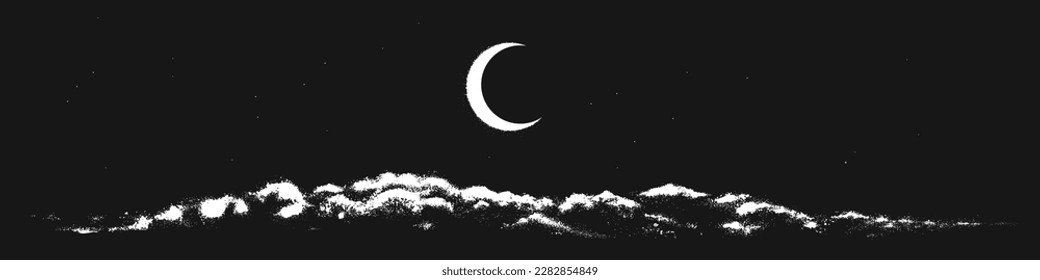 View to night sky with crescent moon and clouds