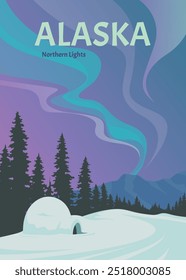 view of northern lights in alaskan and igloos ice building vintage poster illustration design