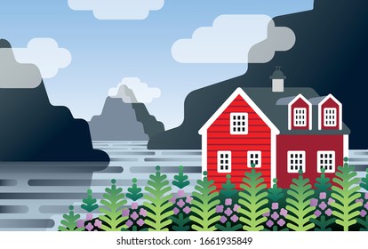 
Vista de una casa noruega en las montañas con flores rosas en primer plano
