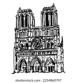 View of Notre-Dame de Paris in France. Famous French medieval Catholic cathedral. Hand drawn linear doodle rough sketch. Black silhouette on white background.