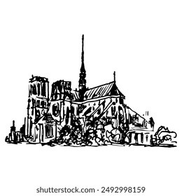 View of Notre-Dame de Paris. Medieval Catholic cathedral in France. Hand drawn linear doodle rough sketch. Black and white silhouette.