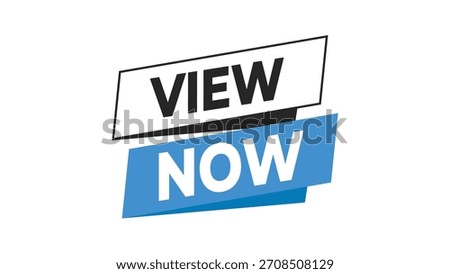 View now call to action banner graphic with a modern, dynamic design, featuring bold text on white and blue rectangular shapes. Vector