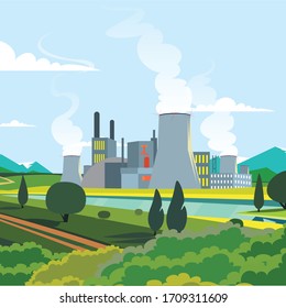 View Of Nuclear Power Plant With Forest Field. Cause The Air Polution. Factory Air Pollution. Polluted Environment, Industrial Smog And Industry Smoke Clouds. Toxic Factories Building Fumes Or Dirty.