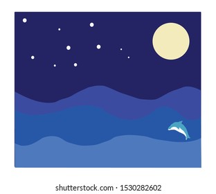 view of the ocean in the night with dolphin and big moon. vector illustration