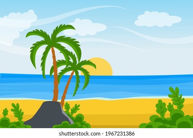 view of the ocean of palm trees and sun. summer landscapes vector illustration.