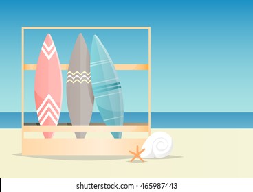View of ocean  in the summer with surfboards