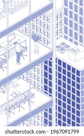 View of the office building and the city. Isometric cityscape, city view, city skyline. People at work. Vector illustration in flat design. Outlined, linear style, line art. 