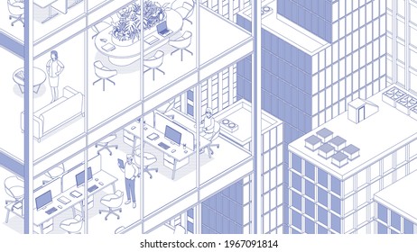 View Of The Office Building And The City. Isometric Cityscape, City View, City Skyline. Vector Illustration In Flat Design. Outlined, Linear Style, Line Art. People At Work. 