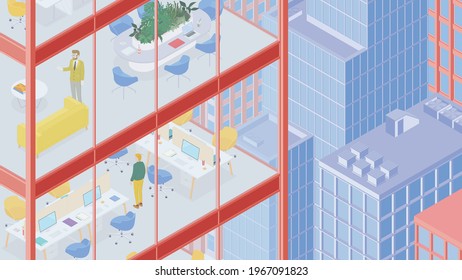 View of the office building and the city. Isometric cityscape, city view, city skyline. Vector illustration in flat design. People at work. 