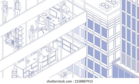 View of the office building and the city. Isometric cityscape, city view, city skyline. Vector illustration in flat design. Outlined, linear style, line art, editable stroke. Work, business.