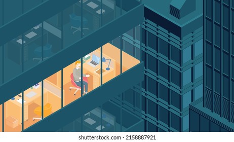 View of the office building and the city. Isometric cityscape, city view, city skyline. Vector illustration in flat design. People at work. Business. Women and men. Overtime.