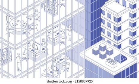 Vistas al edificio de oficinas y a la ciudad. Paisaje urbano isométrico, vistas a la ciudad, horizonte urbano. Ilustración vectorial en diseño plano. Estilo lineal, líneas de arte, trazo editable. Gente trabajando. Negocios.