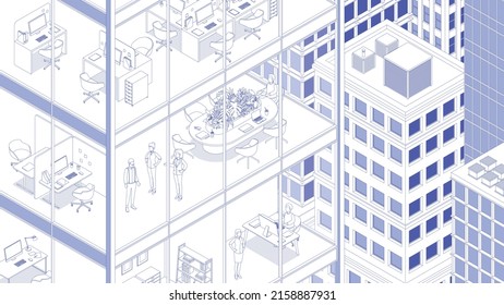 View of the office building and the city. Isometric cityscape, city view, city skyline. Vector illustration in flat design. Outlined, linear style, line art, editable stroke.  Business. Women and men.