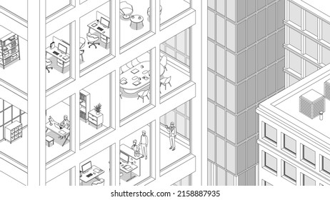 View of the office building and the city. Isometric cityscape, city view, city skyline. Vector illustration in flat design. Outlined, linear style, line art, editable stroke. Business, man, woman.