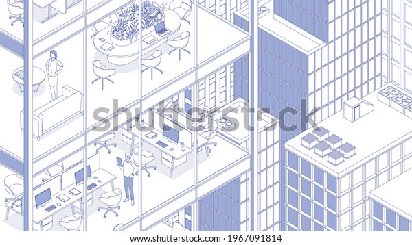 View of the\
office building and the city. Isometric cityscape, city view, city\
skyline. Vector illustration in flat design. Outlined, linear\
style, line art. People at work.\
