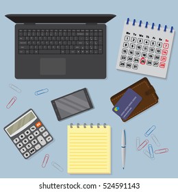 View of office desk background including laptop, digital devices, financial and business objects. Flat vector design illustration of modern office workspace