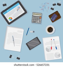 View of office desk including tablet, smartphone, financial and business objects. Flat vector design illustration of modern office workspace
