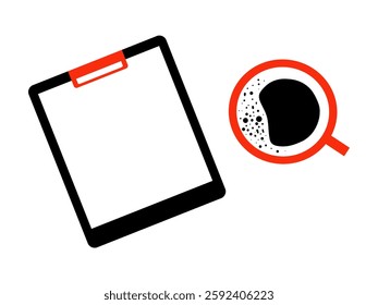 view office table white desk. Workspace with notepad and coffee cup on white background