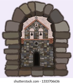 View from the old arched stone window of the  medieval church in visigothic style, vector illustration