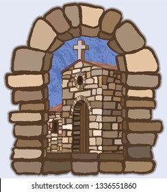 View from the old arched stone window of the medieval spanish church in visigothic style, vector illustration