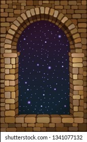 View from the old arched stone window, vector illustration