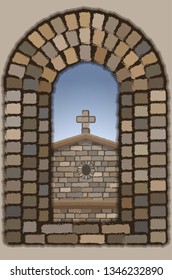 View from the old arched stone window of the medieval spanish church in visigothic style, vector illustration