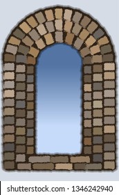 View from the old arched stone window  in visigothic style, vector illustration