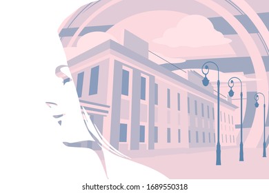 Vista de un edificio antiguo. Retrato de doble exposición de mujeres jóvenes y calles de la ciudad con lámparas eléctricas
