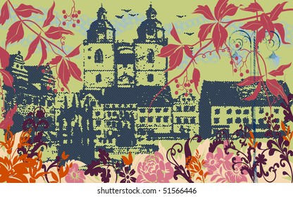 Vista del casco antiguo desde el parque en un estilo retro