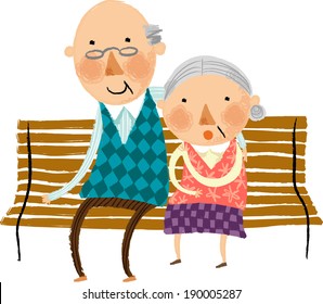 The view of old couple on the bench 