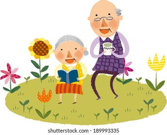 The view of old couple is standing on the grassland 