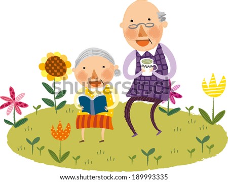 The view of old couple is standing on the grassland 