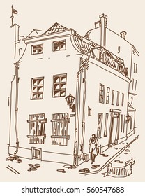 View of the old part of Riga. Medieval side street at the district of old residential houses with  wall lantern. Vector.