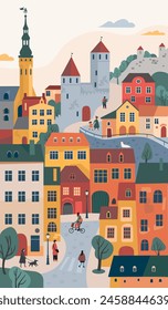 View of old part of Tallinn. Flyer or poster welcome to Estonia. Medieval European city. Vector illustration