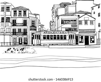 View of the old Porto, Portugal. Urban landscape in hand drawn sketch style. Line art. Vector illustration on white background