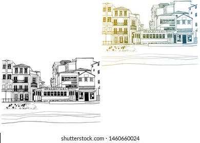 View of the old Porto, Portugal. Urban landscape in hand drawn sketch style. Line art. Vector illustration on white background. Without people.