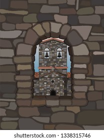 View from the old  stone window of the medieval spanish church in visigothic style, vector illustration