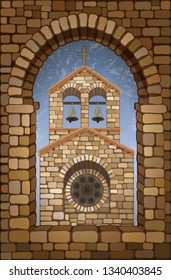 View from the old  stone window of the medieval spanish church in romanesque  style, vector illustration