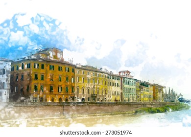 View of old street and river Arno in Pisa city. Beautiful postcard from Italy. Travel background