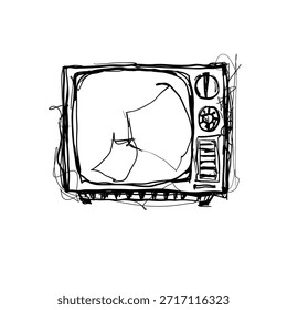 View of an old television with a broken screen and tangled wires. The drawing shows the rough lines and details of the old device. It is a study of vintage technology.