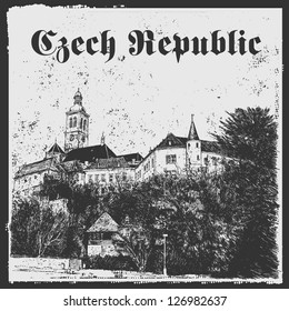 View to Old Town and abstract drawing background with the word Czech Republic and grunge frame. sketch style, vector illustration.
