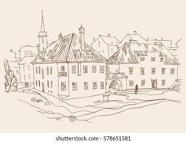 View of the old town, the ancient houses,and the silhouette of the old Cathedral in the distance, store of the medieval quarter and the figure of a solitary man. Vector