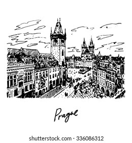 View of the Old Town Hall and square in Prague, Czech Republic. Vector hand drawn sketch.