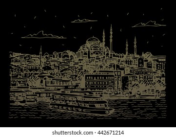 View of the old town in Istanbul, Turkey. The Sueleymaniye Mosque in Istanbul, as seen from the Golden Horn. Sketch by hand. Vector illustration.