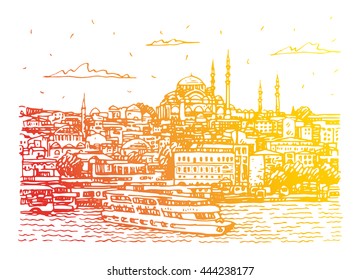 View of the old town in Istanbul, Turkey. The Sueleymaniye Mosque in Istanbul, as seen from the Golden Horn. Sketch by hand. Vector illustration.