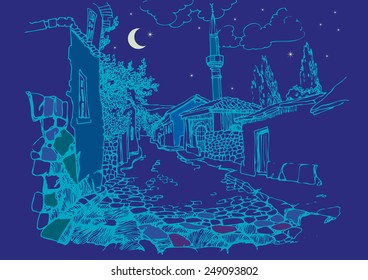 View of the old town at night. Sketch, hand drawn. Narrow street with a minaret and old houses