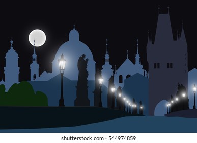 View of an Old town of Prague from Charles bridge in night. Vector illustration