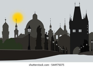 View of an Old town of Prague from Charles bridge. Vector illustration